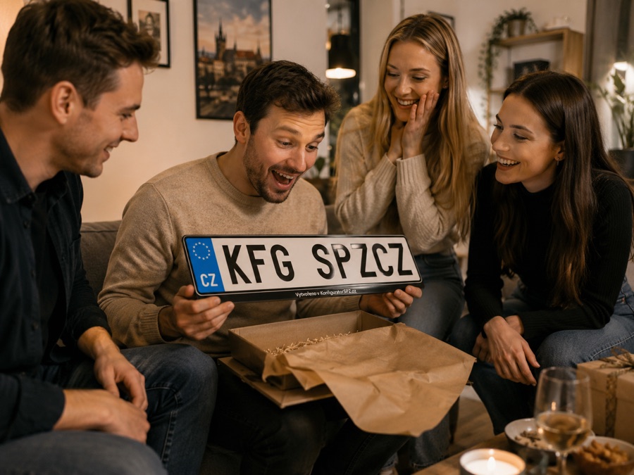 Muž rozbaluje vlastní SPZ jako dárek před přáteli.