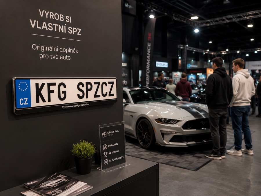 Vlastní SPZ vystavená na automobilové akci vedle prezentačního stánku.
